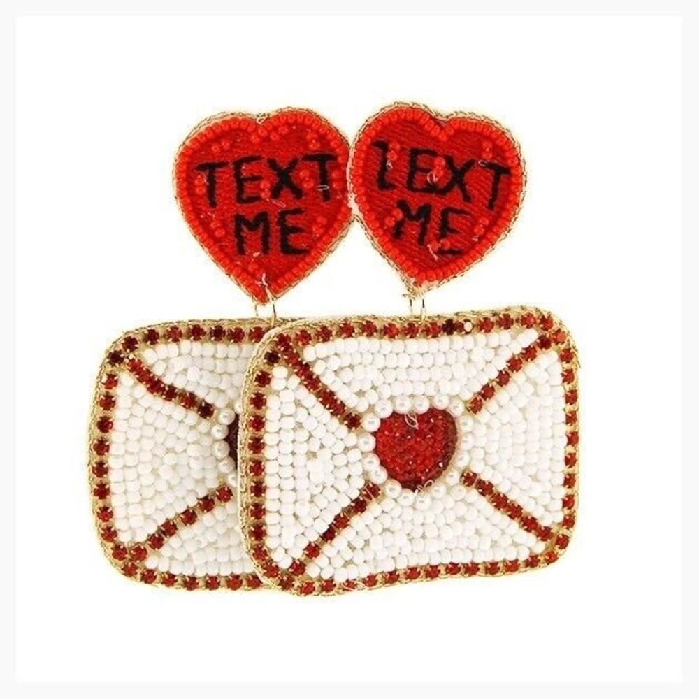 VALENTINES DAY TEXT ME RED AND WHITE‎ LOVE LETTER SEED BEAD DANGLE EARRINGS